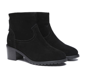 Fashion Boots - Black Leather Zipper Ankle Heel Boots Women Galena