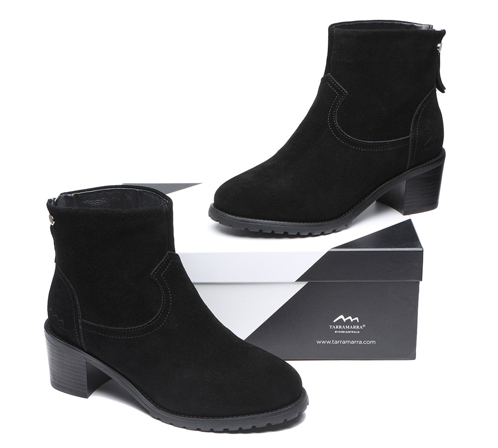 Fashion Boots - Black Leather Zipper Ankle Heel Boots Women Galena