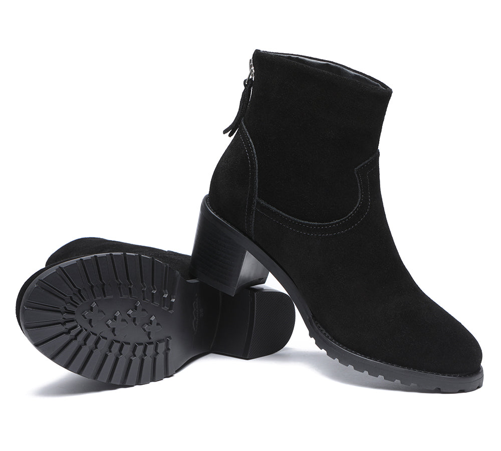 Fashion Boots - Black Leather Zipper Ankle Heel Boots Women Galena