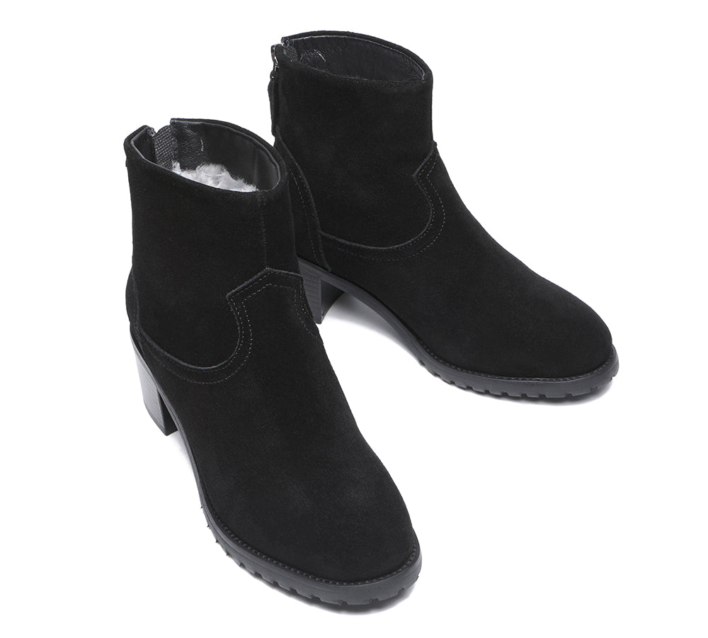 Fashion Boots - Black Leather Zipper Ankle Heel Boots Women Galena