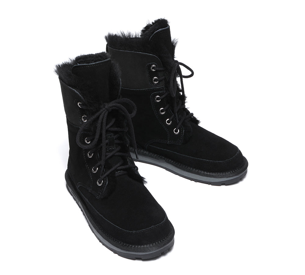 EVERAU® UGG Women Boots Sheepskin Wool Lace Up Ankle Fashion Boots Pathfinder - Fashion Boots - Black - AU Ladies 10 / AU Men 8 / EU 41 - Uggoutlet