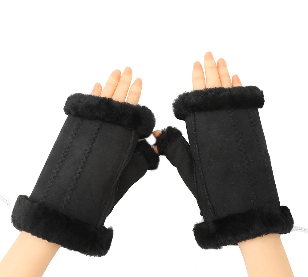 Gloves - Fluffy Fingerless Sheepskin Wool Mittens