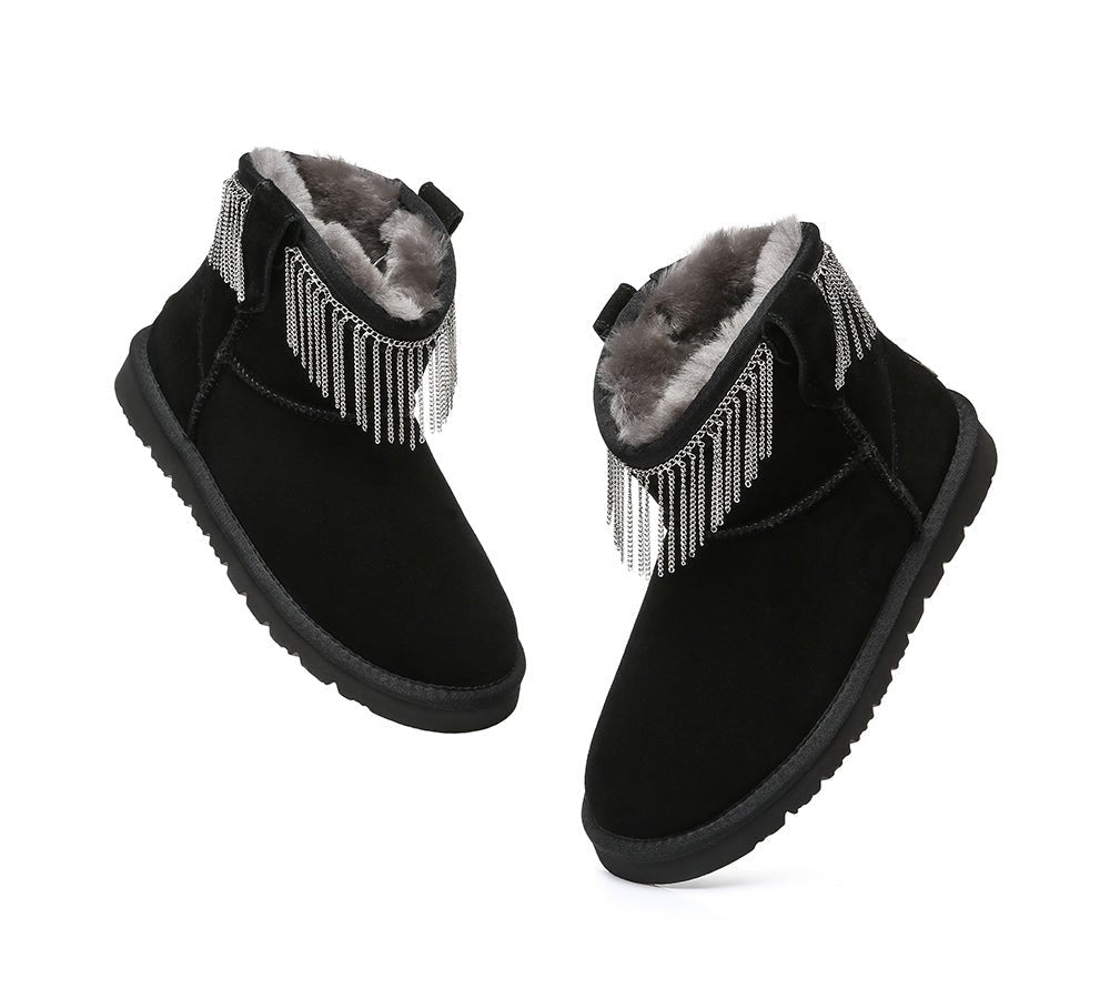 Rita Women Mini Boots Double Face Sheepskin Metal Tassel - UGG Boots - Black - AU Ladies 4 / AU Men 2 / EU 35 - Uggoutlet