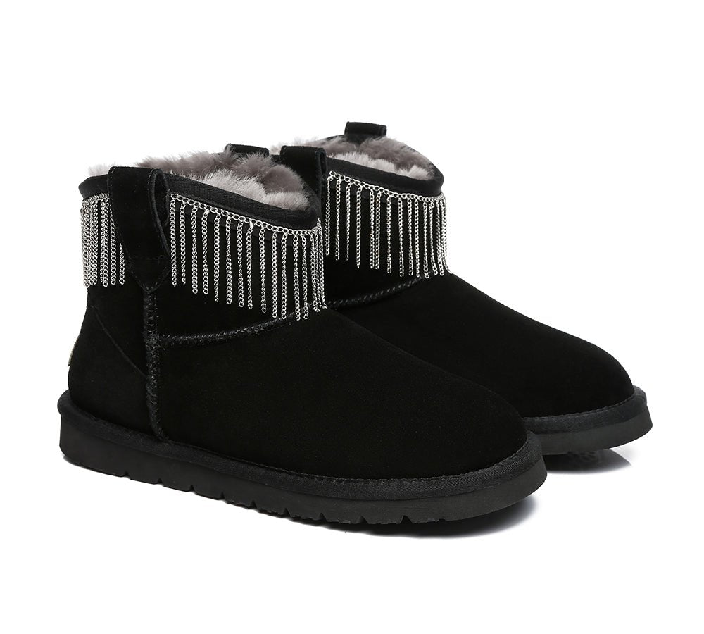 Rita Women Mini Boots Double Face Sheepskin Metal Tassel - UGG Boots - Black - AU Ladies 4 / AU Men 2 / EU 35 - Uggoutlet