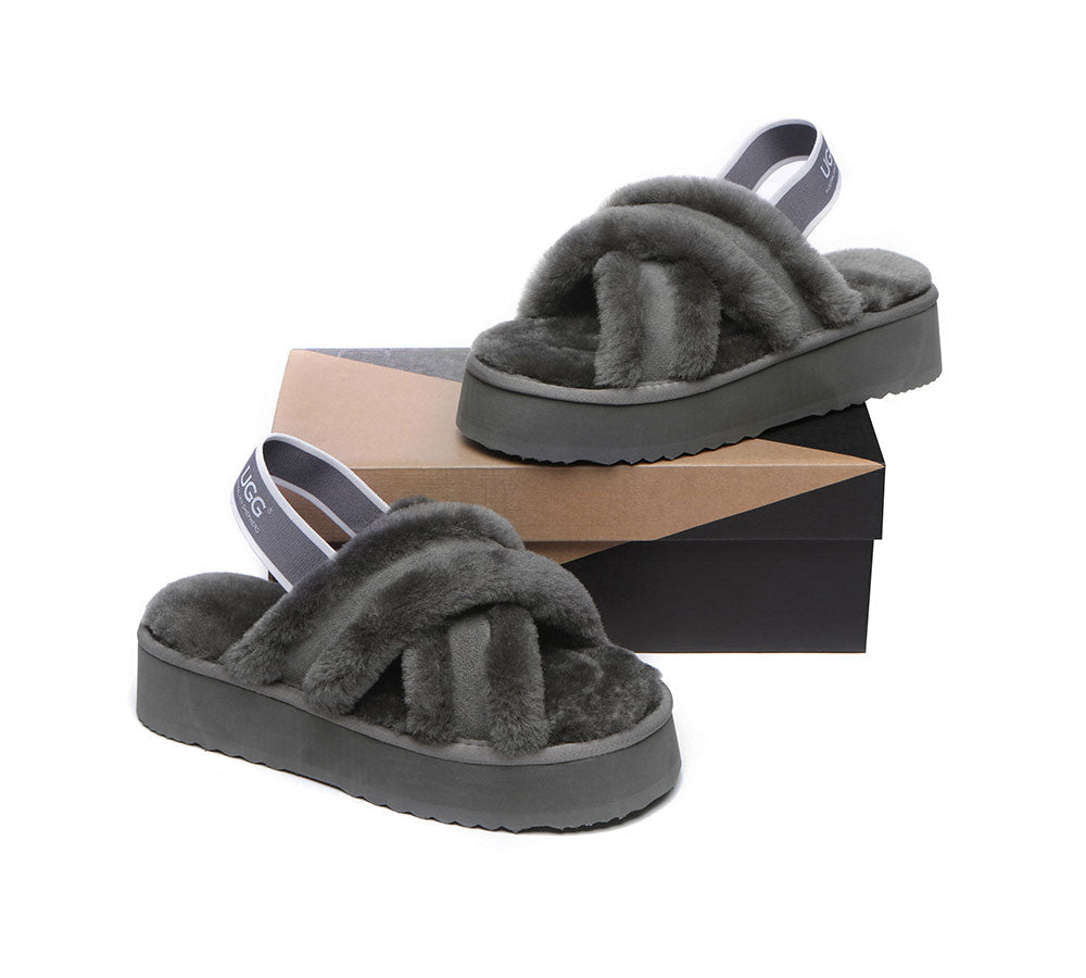 UGG Slides Women High Platform Cross Over Fluffy Sandals Aditi Uggoutlet