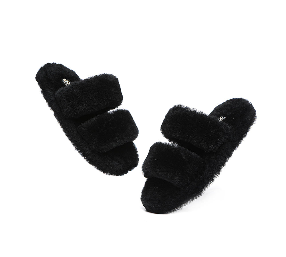 Slides - Double Strap Fluffy Slides Women Jessica