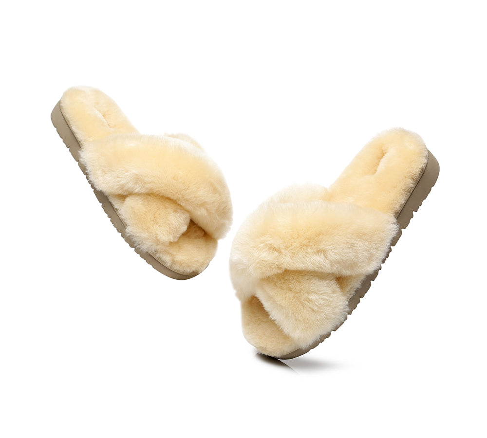 UGG Australian Shepherd® Leanna Scuff Women Fluff Cross Slides - Sandals - Cream - AU Ladies 11 / AU Men 9 / EU 42 - Uggoutlet