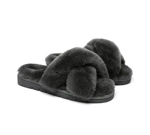 UGG Australian Shepherd® Leanna Scuff Women Fluff Cross Slides - Sandals - Dark Grey - AU Ladies 11 / AU Men 9 / EU 42 - Uggoutlet