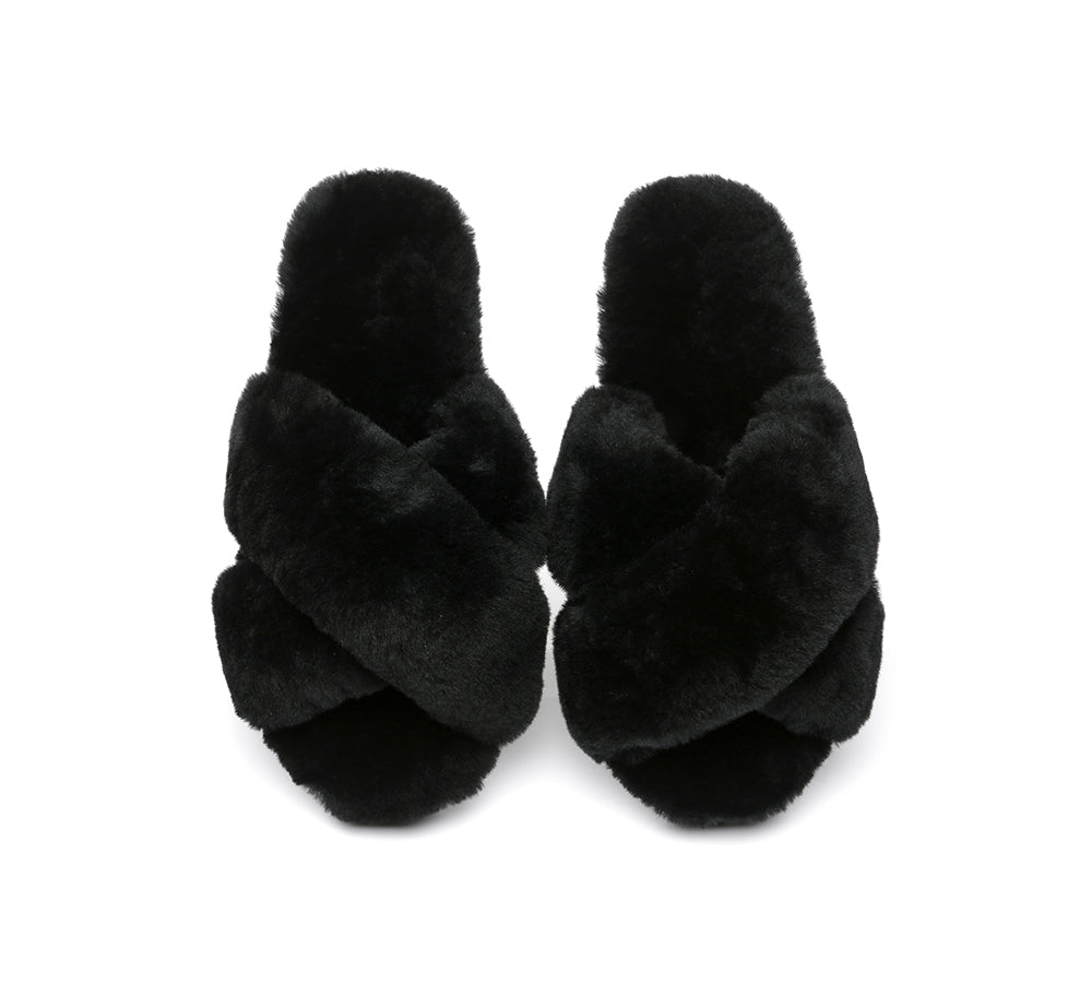 UGG Australian Shepherd® Leanna Scuff Women Fluff Cross Slides - Sandals - Black - AU Ladies 11 / AU Men 9 / EU 42 - Uggoutlet