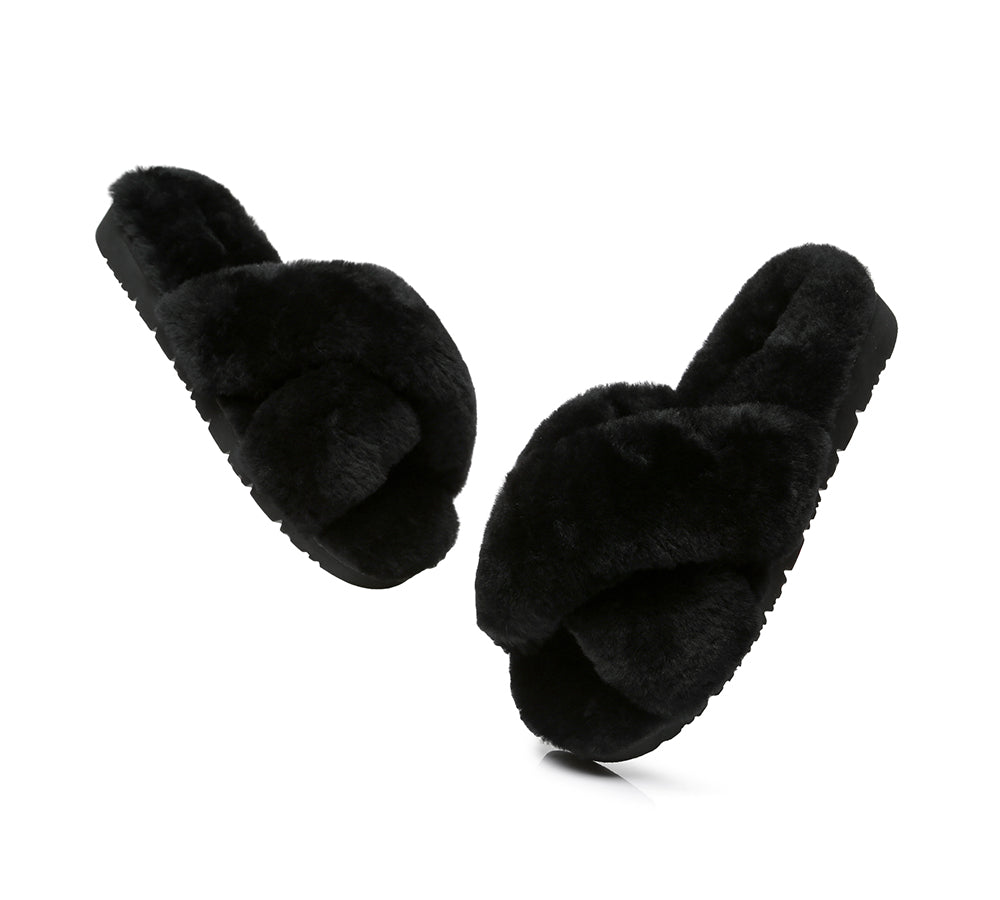 UGG Australian Shepherd® Leanna Scuff Women Fluff Cross Slides - Sandals - Black - AU Ladies 11 / AU Men 9 / EU 42 - Uggoutlet
