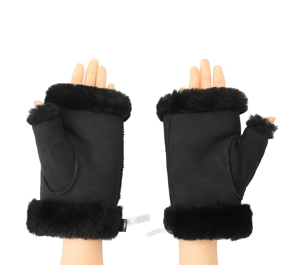 UGG AUSTRALIAN SHEPHERD® Fluffy Fingerless Sheepskin Wool Mittens - Gloves - Black - One Size - Uggoutlet