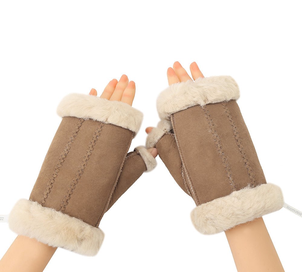UGG AUSTRALIAN SHEPHERD® Fluffy Fingerless Sheepskin Wool Mittens - Gloves - Chestnut - One Size - Uggoutlet