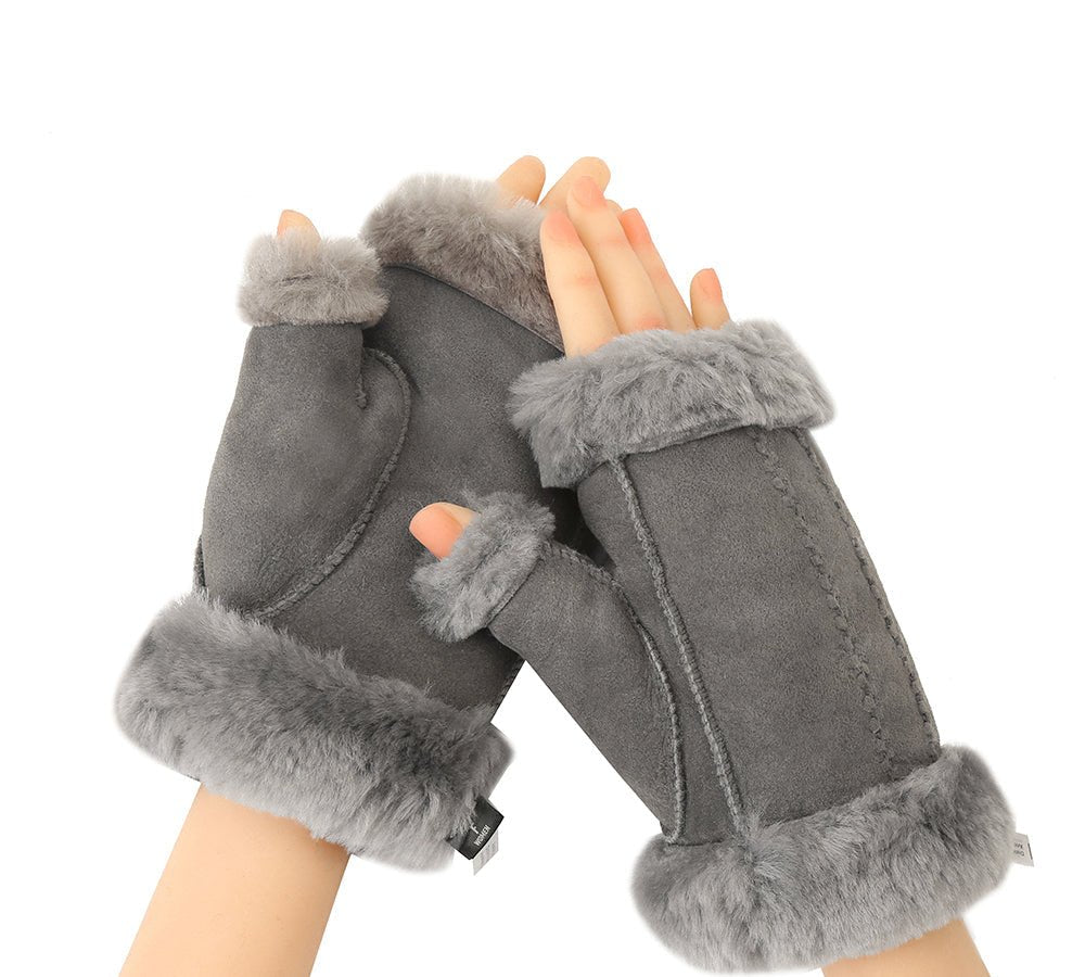 UGG AUSTRALIAN SHEPHERD® Fluffy Fingerless Sheepskin Wool Mittens - Gloves - Grey - One Size - Uggoutlet