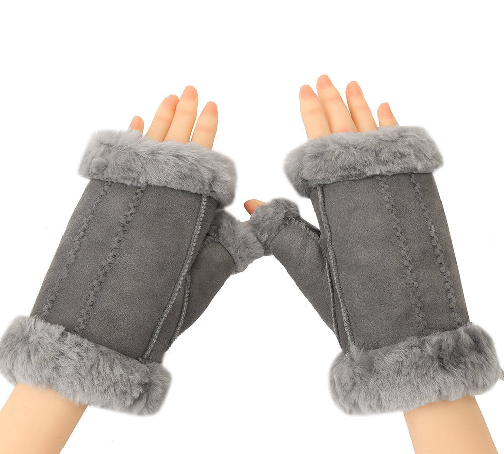 UGG AUSTRALIAN SHEPHERD® Fluffy Fingerless Sheepskin Wool Mittens - Gloves - Grey - One Size - Uggoutlet