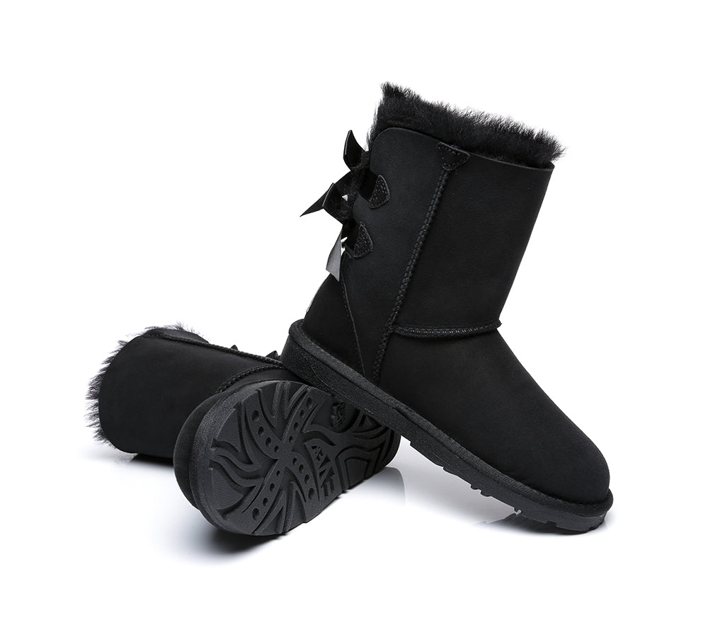 EVERAU® Double Baily Short Back Bow Sheepskin Women Boots - UGG Boots - Black - AU Ladies 10 / AU Men 8 / EU 41 - Uggoutlet