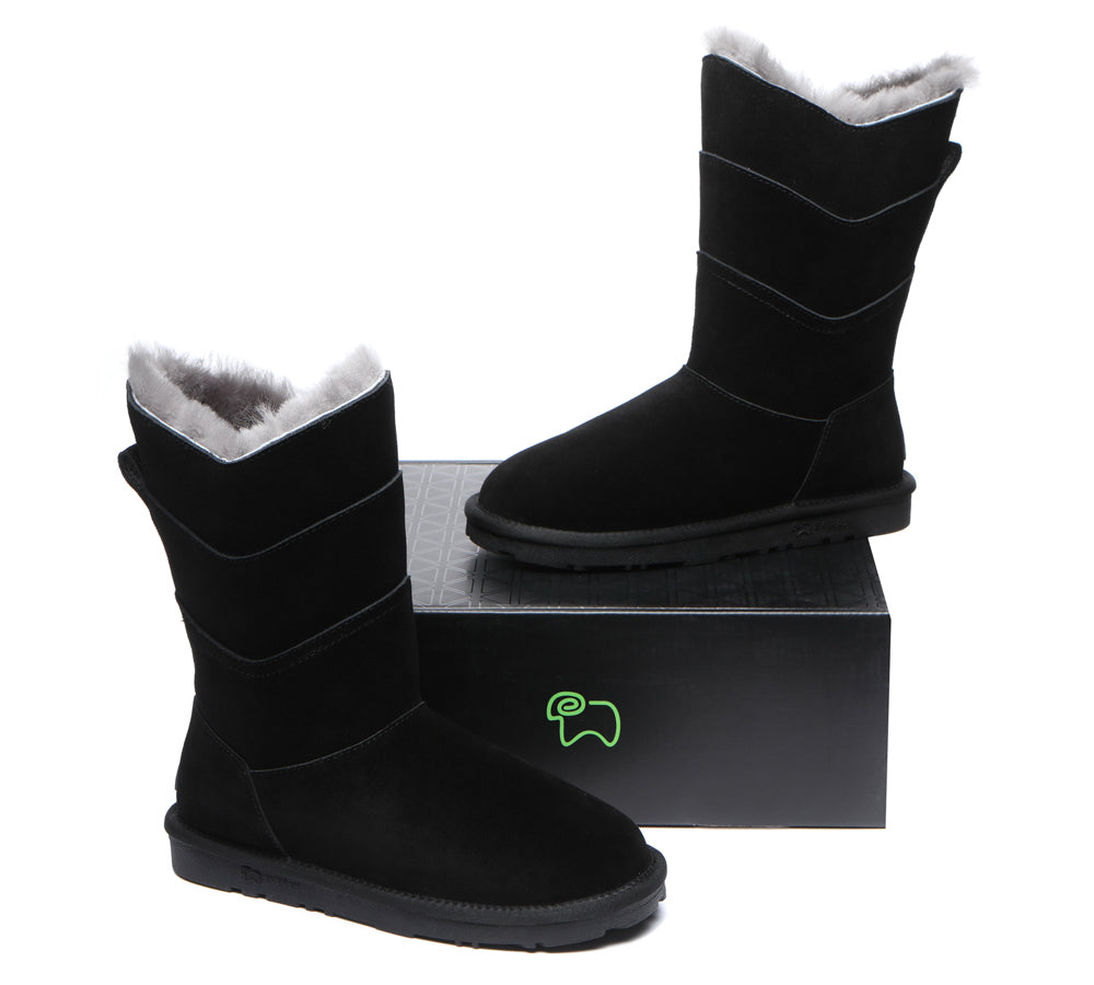 EVERAU® Premium Australian Sheepskin Tall Boots Women Swanston 3 Panel - UGG Boots - Black - AU Ladies 10 / AU Men 8 / EU 41 - Uggoutlet