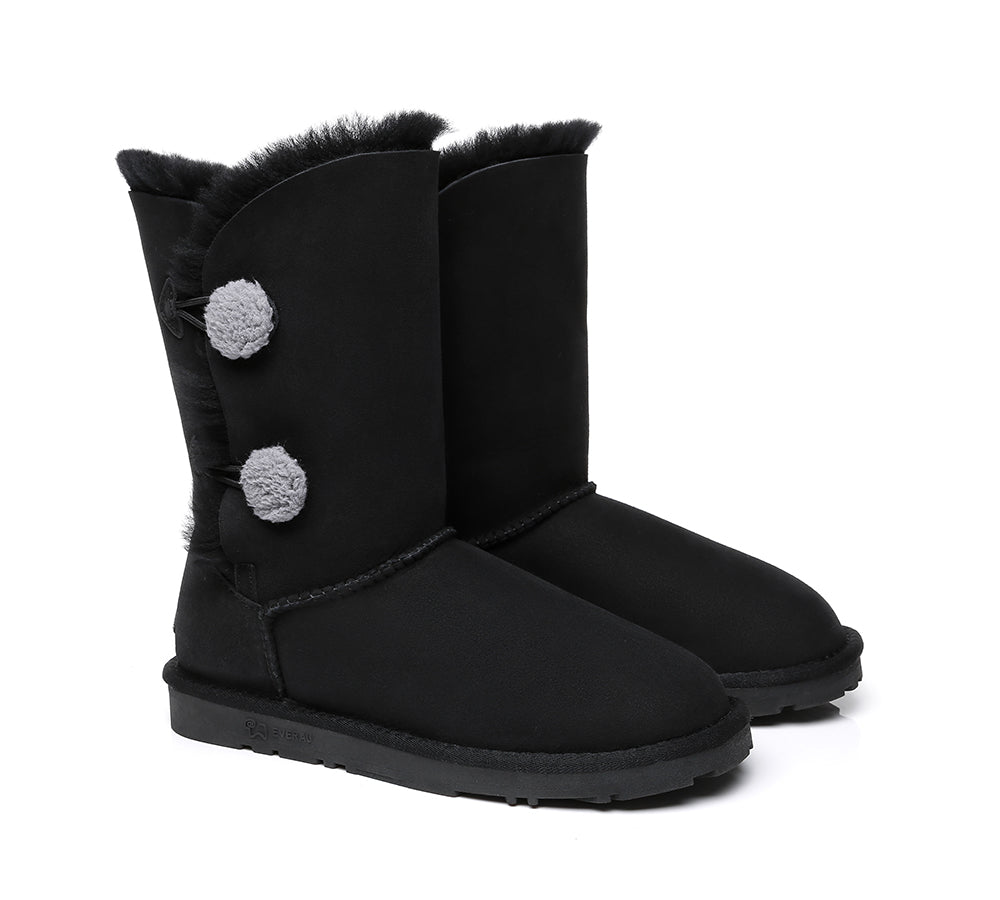 EVERAU® Short Twin Button Sheepskin Boots Aspen - UGG Boots - Black - AU Ladies 10 / AU Men 8 / EU 41 - Uggoutlet