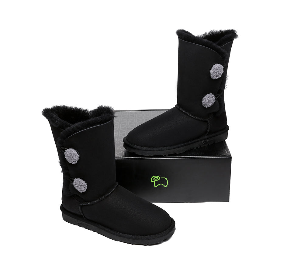 EVERAU® Short Twin Button Sheepskin Boots Aspen - UGG Boots - Black - AU Ladies 10 / AU Men 8 / EU 41 - Uggoutlet
