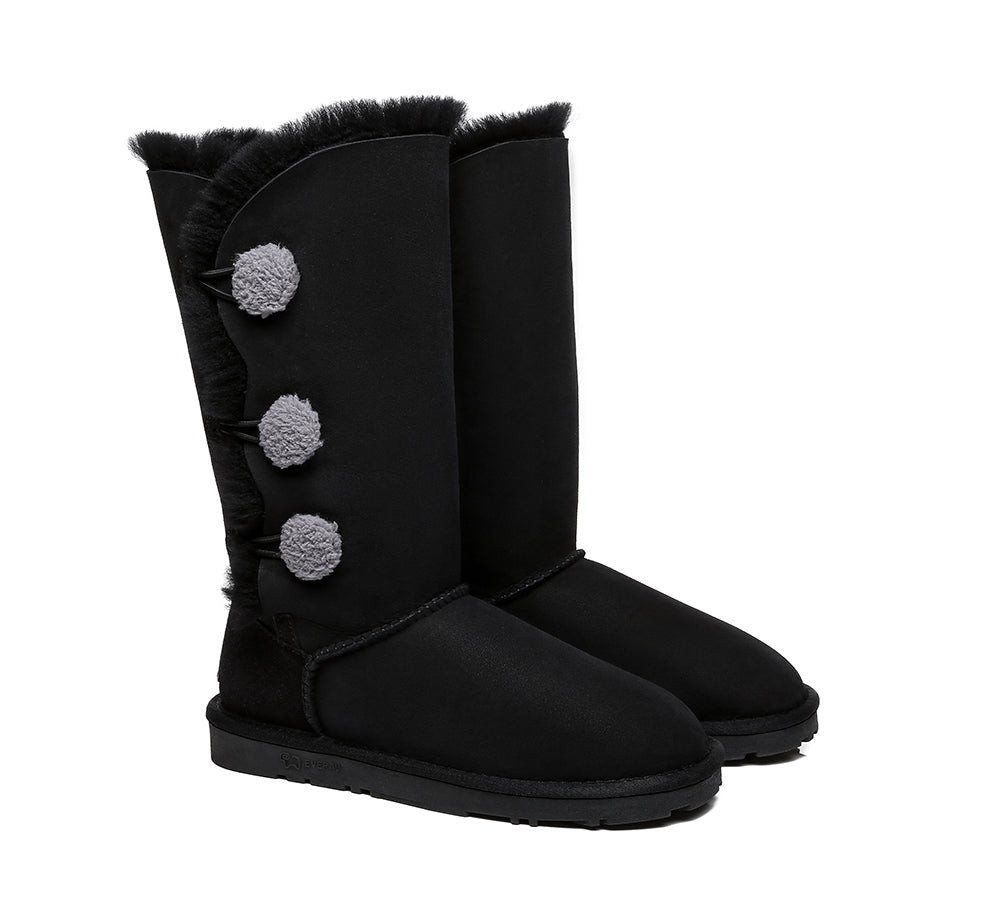 EVERAU® Tall Triple Button Sheepskin Boots Aspen - UGG Boots - Black - AU Ladies 10 / AU Men 8 / EU 41 - Uggoutlet