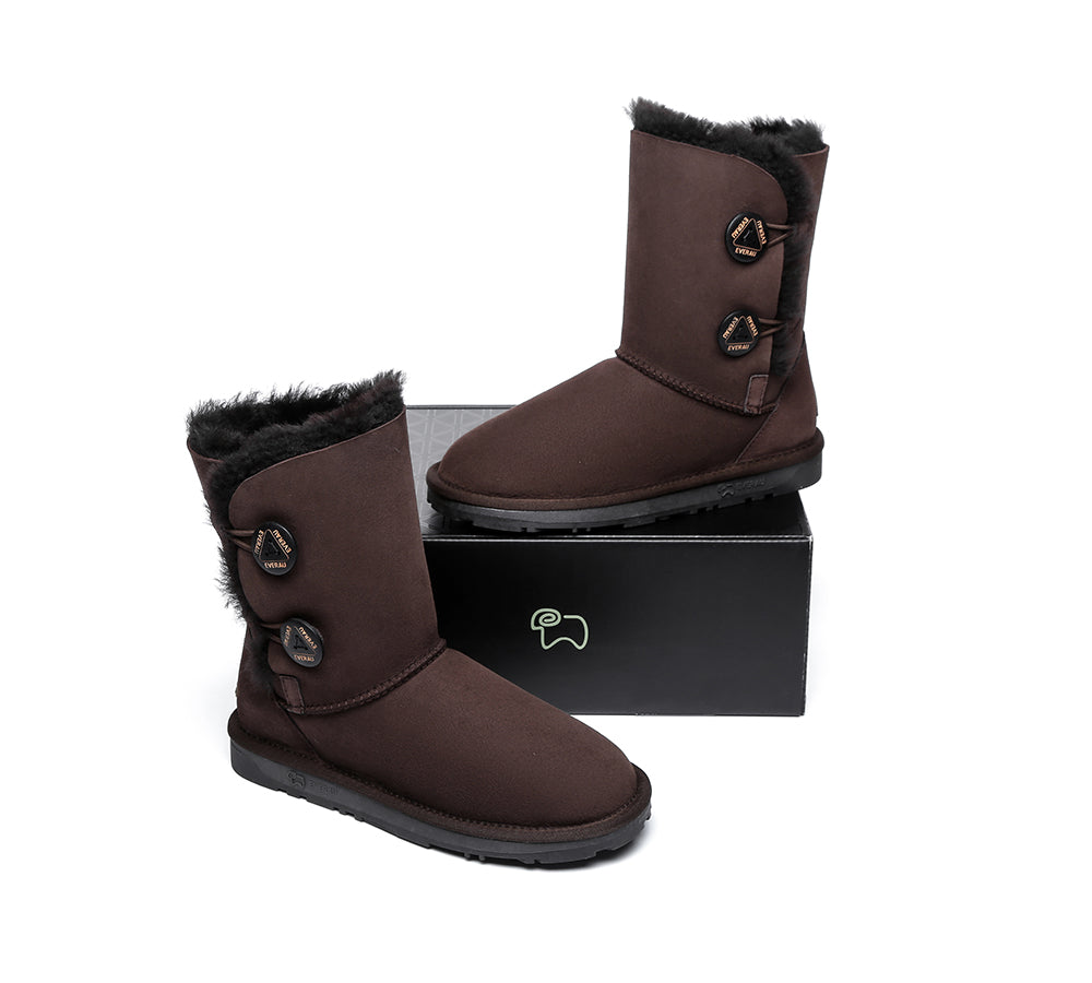 EVERAU® Twin Button Short Sheepskin Boots - UGG Boots - Chocolate - AU Ladies 10 / AU Men 8 / EU 41 - Uggoutlet