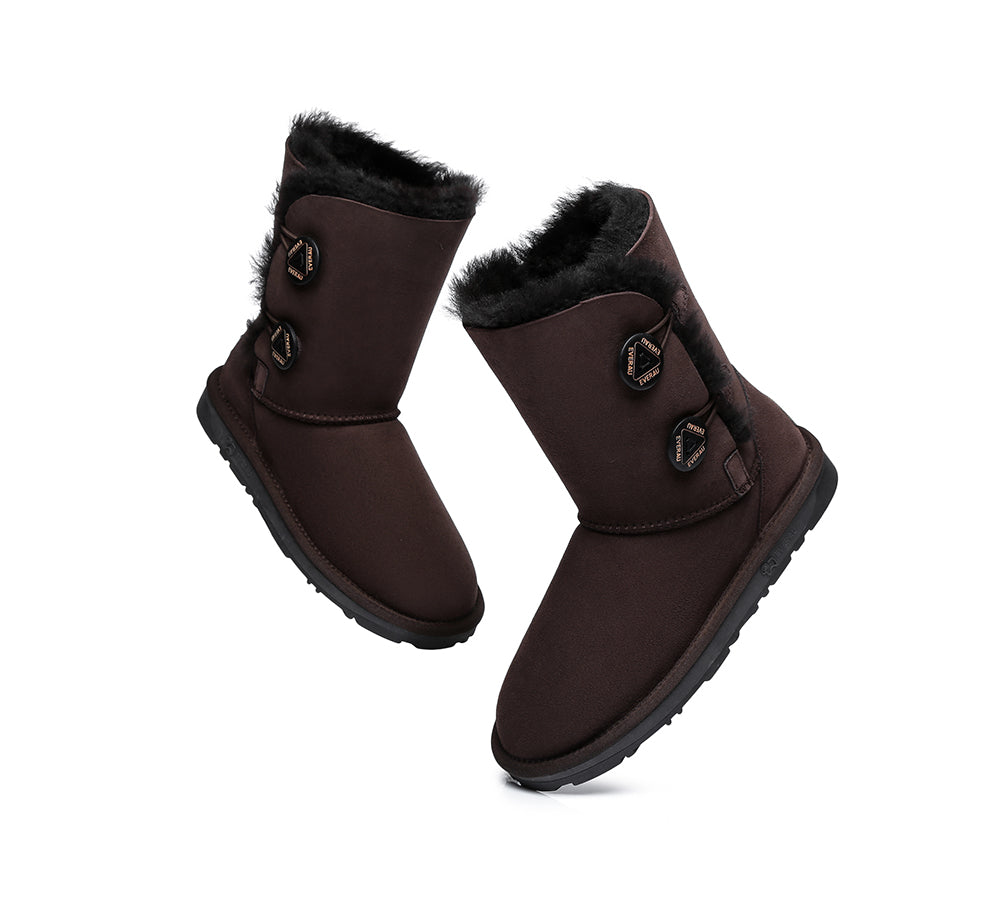 EVERAU® Twin Button Short Sheepskin Boots - UGG Boots - Chocolate - AU Ladies 10 / AU Men 8 / EU 41 - Uggoutlet