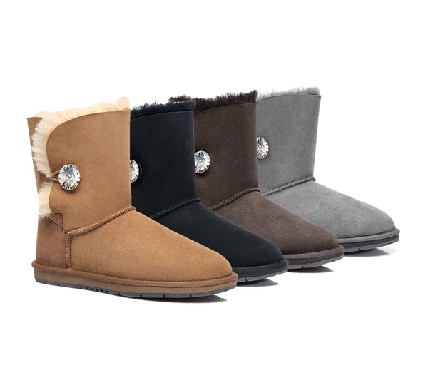 Australian Genuine Sheepskin Short Crystal Button Boots Uggoutlet